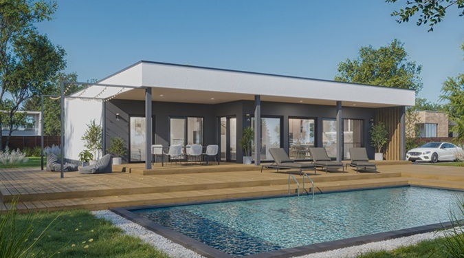 Modern modular home offering affordability and style.