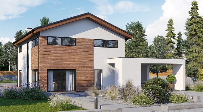 Modern wooden prefab house offering affordability and style.